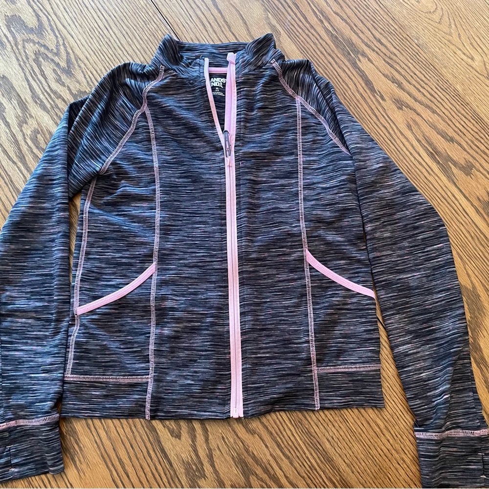 Lands' End Black Heather and Pink Trim Girls athletic type jacket. Size 14/16
